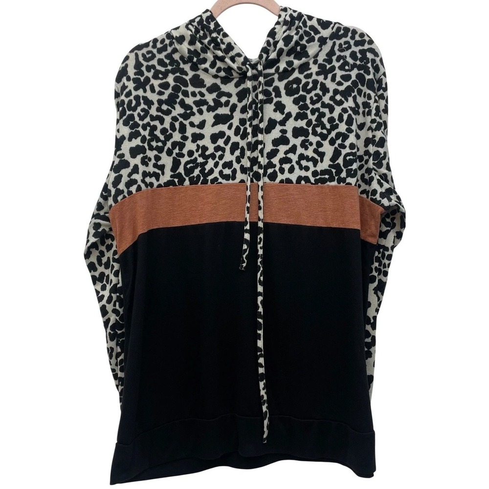 Grace & Emma Leopard Hoodie Tunic Top Womens XL Colorblock Animal Print Shirt